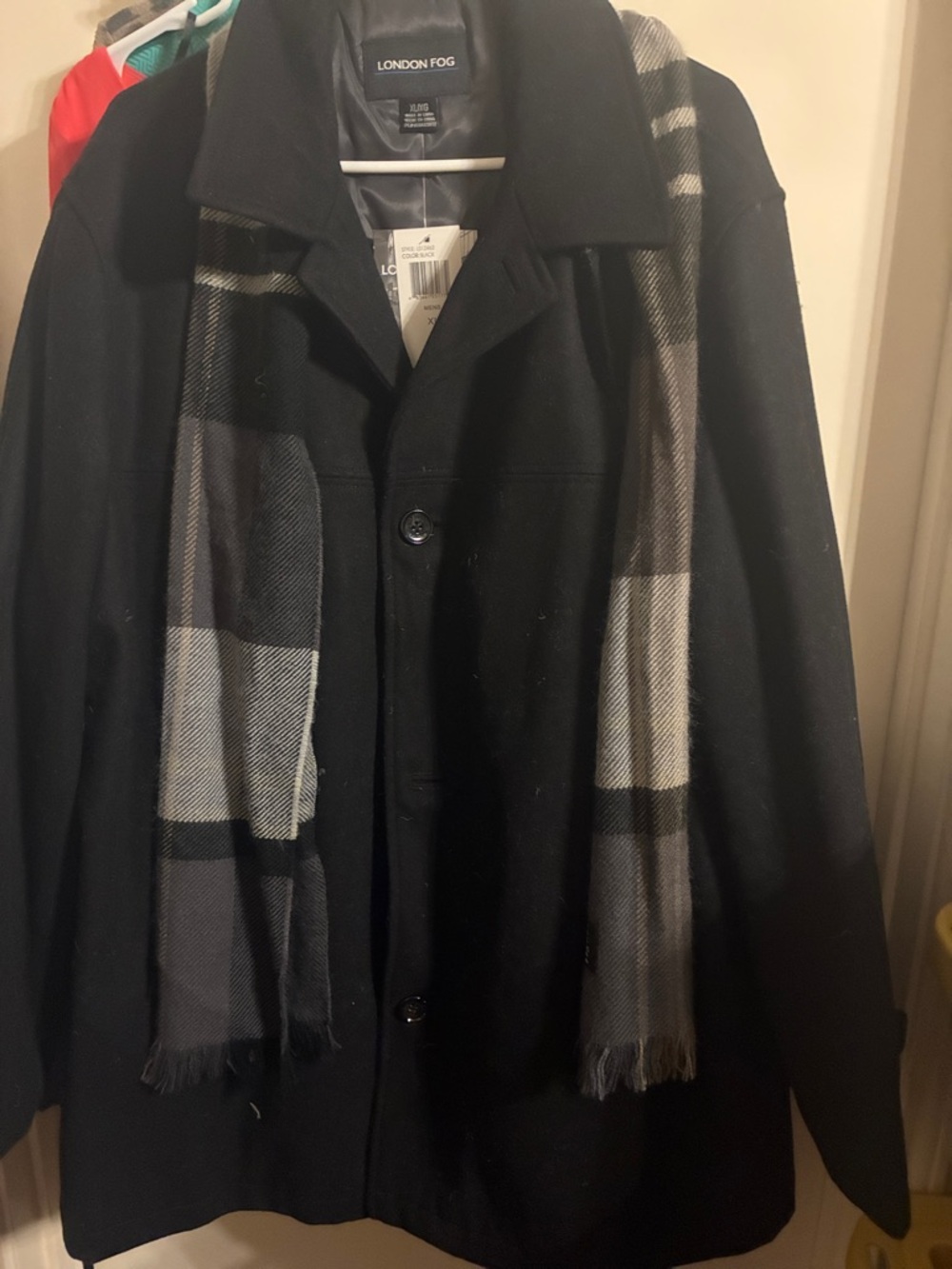 London Fog Black Coat with Gray Plaid Scarf